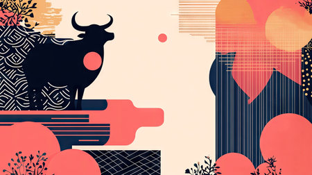 A stylized Chinese New Year scene with a minimalist representation of the zodiac animal, surrounded by bold, geometric patterns and a modern color palette.の素材