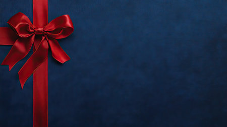 A vibrant blue background with a red satin ribbon-wrapped gift box, featuring a bow and ample copy space, ideal for holiday or birthday-themed stock photos.の素材