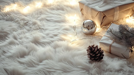 A white furry rug adorned with Christmas lights, a beautifully wrapped gift box, a glossy ball ornament, and a pine cone, perfect for holiday visualsの素材