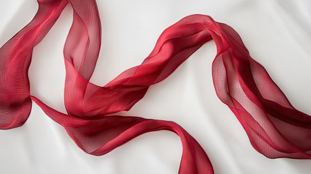 A top-down view of two luxurious red ribbons flowing gracefully on a clean white background, perfect for creating an elegant, festive vibe.の素材
