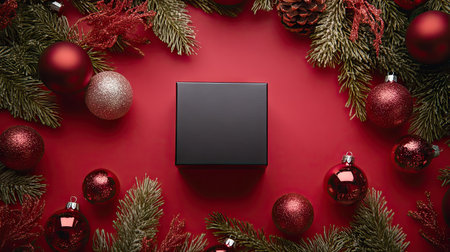 A top-down view of a luxurious Christmas gift box surrounded by sparkling ornaments and fir branches, placed on a bright red background for a festive touch.の素材