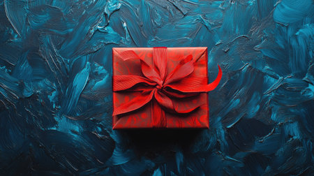 A top-down shot of a red ribbon-wrapped gift box on a blue background, ideal for Christmas or birthday stock photos with space for sale banners.の素材