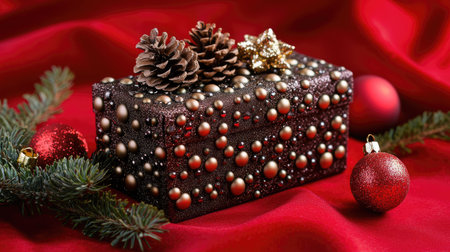 A stunning luxurious Christmas gift box with sparkling ornaments and fir branches, placed on a vivid red backdrop, ideal for holiday marketing and seasonal celebrations.の素材