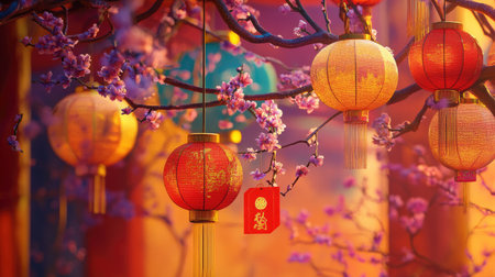 A vibrant Chinese New Year poster featuring colorful lanterns, plum blossoms, and a lucky red envelope, symbolizing good fortune and joy.の素材