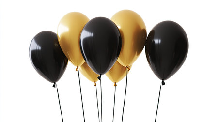 Elegant gold and black helium balloons soaring on a white background, ideal for creating a festive birthday or anniversary greeting card design.の素材