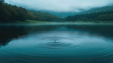 Close-up of raindrops creating circular ripples on the surface of blue water, showcasing the calming effects of rain in a natural settingの素材