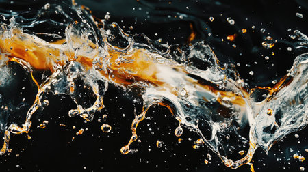 Clear water droplets splashing against a black background, capturing the energy and freshness of water in an abstract, striking compositionの素材