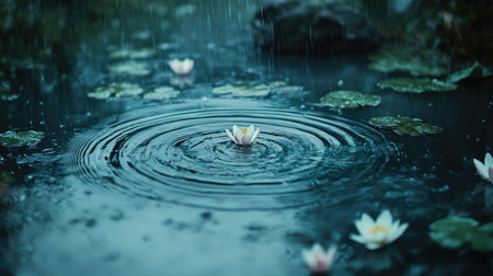 Circular ripples forming on the surface of blue water as rain falls, creating a serene and relaxing natural sceneの素材
