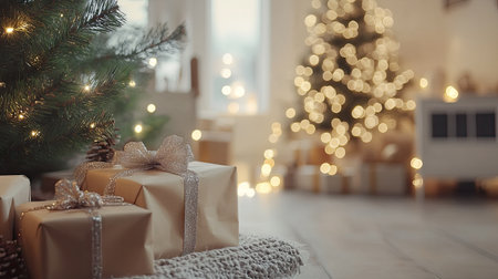 Empty Christmas background with softly blurred gifts, twinkling lights, and a festive tree, perfect for showcasing products with copy spaceの素材
