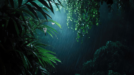 Dark-themed background with water drops clinging to lush green leaves, creating a serene and natural atmosphere for photographyの素材