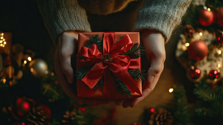Festive Christmas gift box wrapped with a vibrant red bow and ribbon, held by a man's hands in a cozy holiday settingの素材