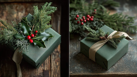 Close-up shot of a Christmas gift box decorated with natural sprigs of holly, pine, and a classic ribbon, ideal for New Year gift and festive photographyの素材