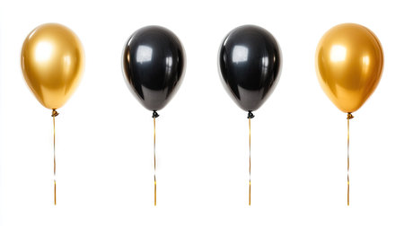 Floating black and gold helium balloons against a white backdrop, perfect for designing a festive poster or greeting card for birthdays and anniversaries.の素材