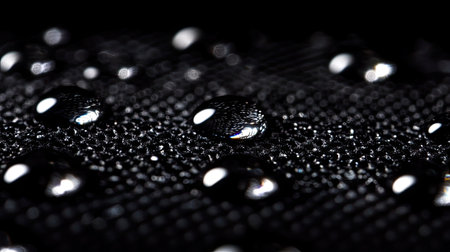 Macro shot of water drops on a black textured surface, emphasizing the contrast and detail of water droplets, ideal for abstract and moody photographyの素材
