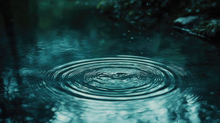 Rain drops causing circular ripples on the surface of blue water, evoking a peaceful, calming atmosphere ideal for tranquil nature photo shootsの素材