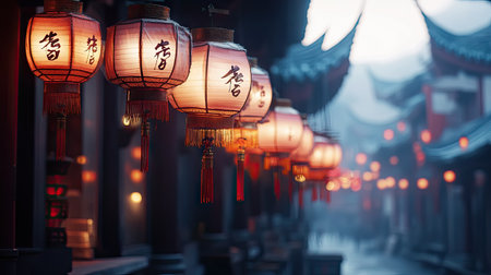 Rows of lanterns with traditional Chinese characters for good fortune, hanging outside a temple during Chinese New Year.の素材