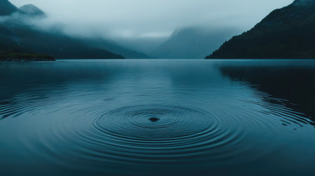 Rain creating gentle, expanding circles on the surface of blue water, evoking a peaceful, natural water scene for photographyの素材