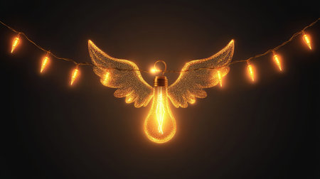 Realistic vector illustration of a glowing angel-shaped light bulb on a garland string, perfect for Christmas and New Year decorations, transparent backgroundの素材