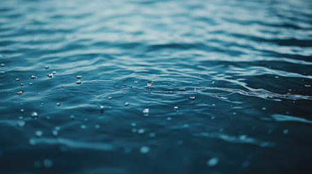 Rain droplets falling onto the surface of blue water, creating delicate ripples that spread across the water, ideal for serene nature photographyの素材