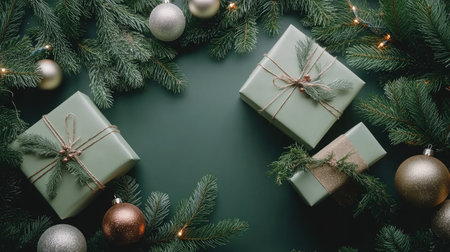 Top view of a Christmas flat lay with beautifully wrapped present boxes, fir tree branches, and shiny ornaments, ideal for seasonal product displaysの素材