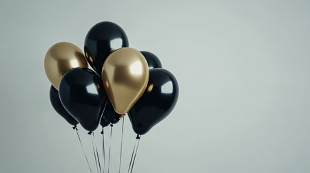 Realistic D gold and black helium balloons flying above a white background, creating a joyful atmosphere for birthday or anniversary celebrations.の素材