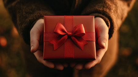 Stylish Christmas gift box with a striking red ribbon and bow, carefully held by a man's hands, set against a warm holiday-themed backgroundの素材