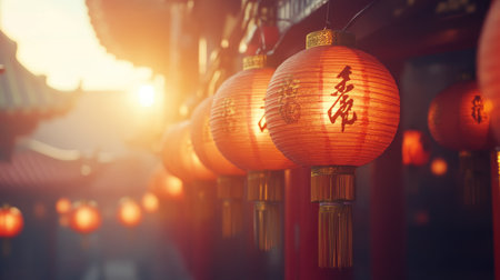 Rows of lanterns with traditional Chinese characters for good fortune, hanging outside a temple during Chinese New Year.の素材
