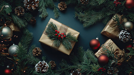 Top view of a Christmas flat lay with decorated presents, fir branches, and shiny ornaments, ideal for creating a holiday greeting card or promotional imageの素材