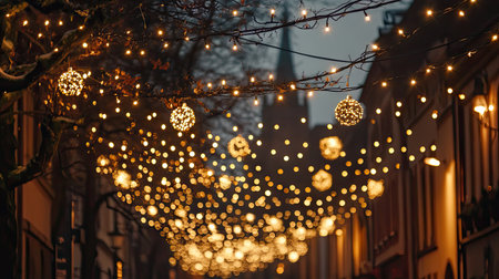 Stunning view of beautiful Christmas lights decorating the streets near St. Mary's Church in Celle, Germany, capturing the festive atmosphere during the evening holiday seasonの素材