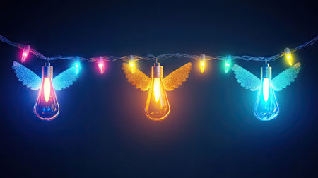 Transparent background featuring a glowing Christmas angel light bulb garland string, rendered as a realistic vector illustrationの素材