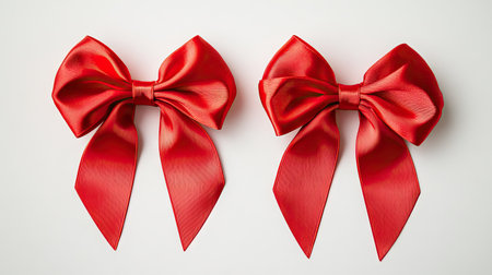 Two red ribbons with glossy, satin-like finish, isolated on a white surface, viewed from above to emphasize their vibrant, festive appeal.の素材