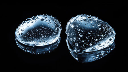 Water droplets on a black textured background, showcasing the beauty of water with a sleek and modern feel, ideal for product or nature-themed photographyの素材