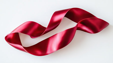 Two red ribbons with glossy, satin-like finish, isolated on a white surface, viewed from above to emphasize their vibrant, festive appeal.の素材