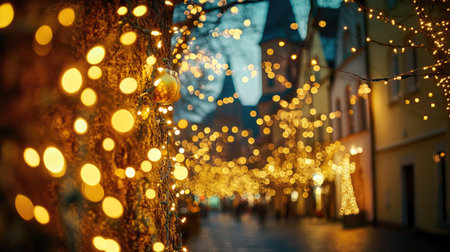 Charming Christmas lights illuminating the streets near St. Mary's Church in Celle, Germany, creating a joyful, festive scene as night fallsの素材
