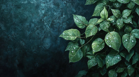Water droplets on fresh green leaves with a dark, moody background, capturing the beauty of nature in a serene and atmospheric sceneの素材
