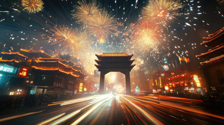 A time-lapse photo capturing the trails of fireworks bursting during a vibrant Chinese New Year celebration.の素材