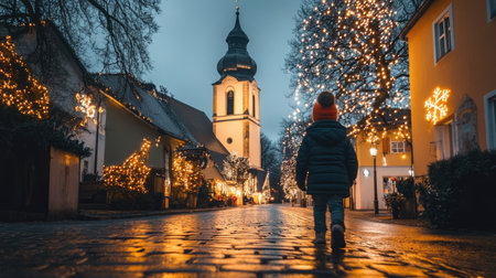 St. Mary's Church in Celle, Germany, beautifully lit with Christmas lights, showcasing a picturesque street decorated for the Christmas holiday seasonの素材
