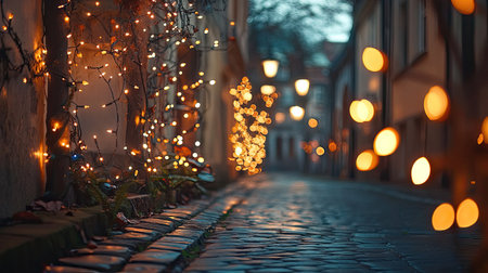 Evening glow of Christmas lights along the streets of Celle, Germany, near St. Mary's Church, capturing the festive spirit and charm of the holiday seasonの素材