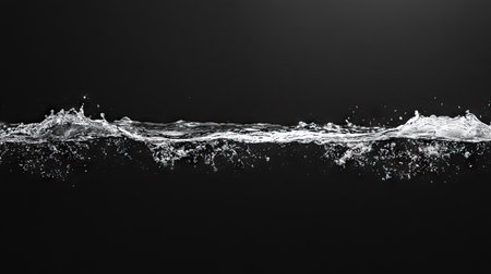 Water splashes against a sleek black backdrop, capturing the purity and beauty of the water with a striking and clean abstract visualの素材