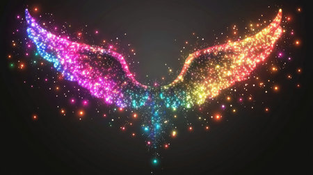 Multicolored glowing neon Christmas lights, 3D realistic vector icon creating an angel frame on a clear, transparent backgroundの素材