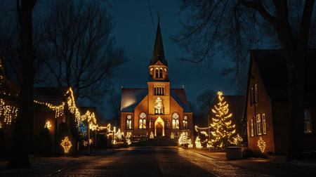 St. Mary's Church in Celle, Germany, beautifully illuminated with Christmas lights, surrounded by festive decorations in the evening winter street sceneの素材