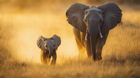 A baby elephant playfully running beside its mother in the grasslands, kicking up dust as they move.の素材
