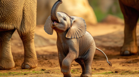 A baby elephant trying to mimic the older elephants, lifting its tiny trunk in the air.の素材