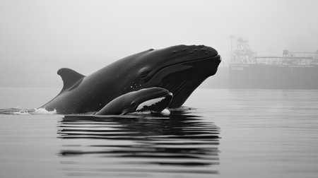 A baby whale playfully swimming beside its massive mother, a tender bond in the open sea.の素材