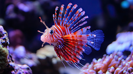 A bright red and orange lionfish spreading its elegant, spiky fins near a coral reef.の素材