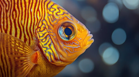 A breathtaking close-up of a discus fish with intricate, swirling patterns on its body.の素材