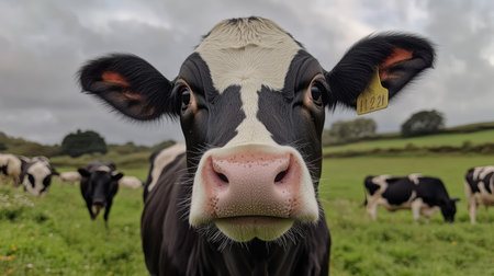 A close-up of a dairy cow's face with large, gentle eyes and a pink nose, standing in a field with other cows grazing in the background.の素材