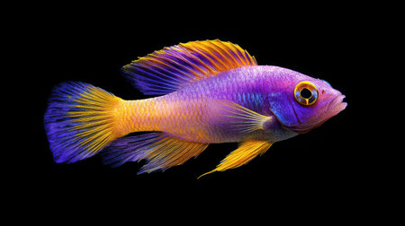 A striking royal gramma fish with bold purple and yellow hues swimming peacefully.の素材