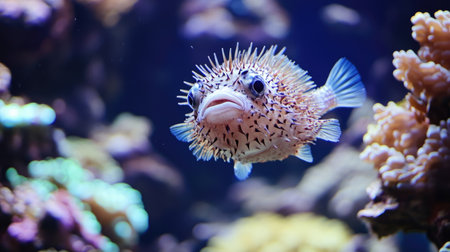 A bold-looking pufferfish floating near a coral reef, its spiky body partially expanded.の素材