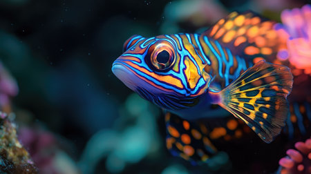 A breathtaking close-up of a mandarin fish, its psychedelic colors glowing against the reef.の素材